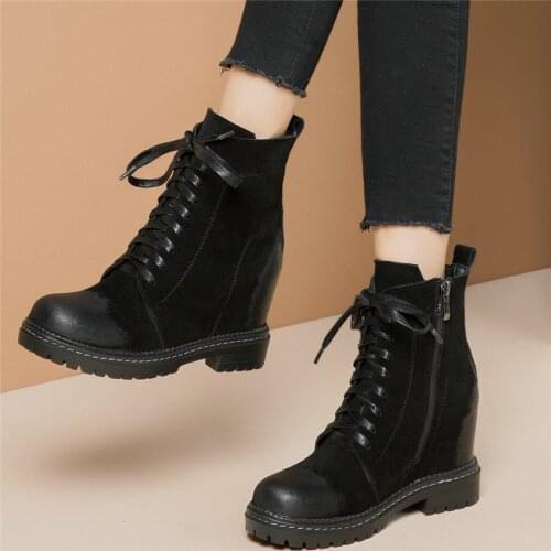 High Top Punk Trainers Women Genuine Leather Hidden Wedges High Heel Riding Boots Female Lace Up Platform Creepers Casual Shoes