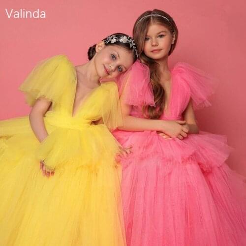 Sheer Neck Tulle Flower Girl Dresses for Special Occasion Birthday Party Kids Clothing
