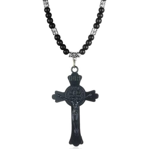 Vintage Metal Alloy Jesus Cross Pendant Beads/ Leather Chain Necklaces for Women Men Religious Catholic Punk Jewelry MN180