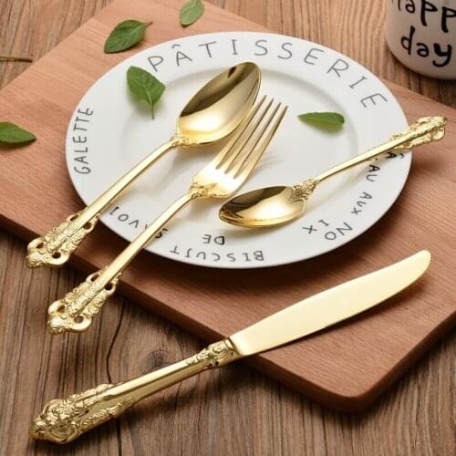 Vintage Western Gold Plated Cutlery Dining Knives Forks Teaspoons Set Golden Luxury Dinnerware Engraving Tableware Set