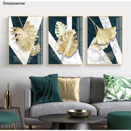 Wall Art Nordic Plants Gold leaf Canvas Painting Abstract Marble Posters and Print Pop Art Picture for Living Room Kitchen Decor