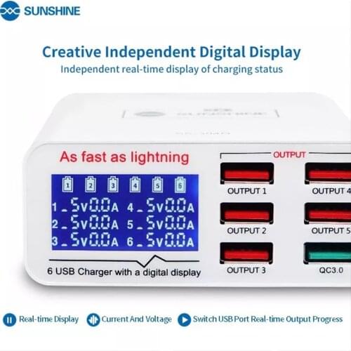 SUNSHINE Latest QC 3.0 5V 2.0A Charger Six Holes Mobile Phone Fast Charging Power Supply Voltage Current Display USB Tools