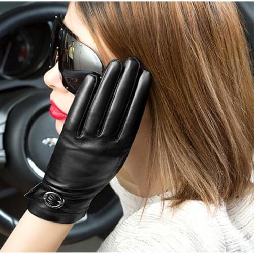 Women Black Genuine Leather Gloves Elegant Sheepskin Gloves Thermal Winter Velvet Lining Finger Driving Glove NW783-5