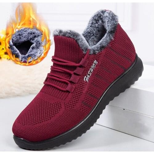 Ladies Winter Warm Plush Knitted Fabric Sneakers 2021 Women Cotton Shoes Female Slip On Casual Faux Fur Vulcanized Shoes Booties