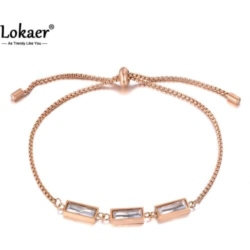 Lokaer Original Design Sparkling CZ Crystal Charm Bracelets For Women Girls Rose Gold Stainless Steel Box Chain Bracelet B19102