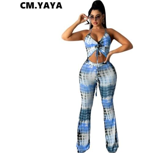 CM.YAYA Women Set Print Sleeveless Strap V-neck Shirring Crop Tops Long Flare Pants Two 2 Piece Sets Tracksuit Summer Outfits