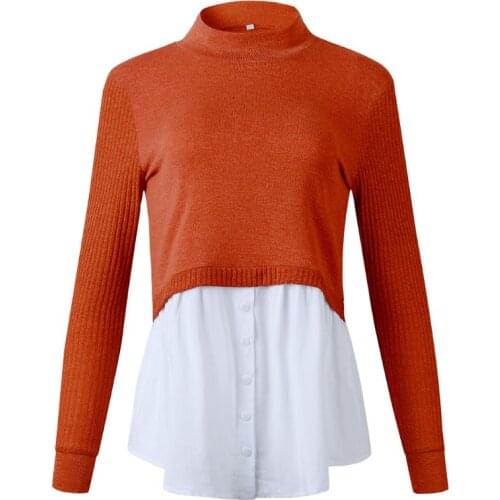 Women 2 In 1 Patchwork Pullover Top Ribbed Long Sleeve Sweater Layered Shirt Hem A0NF