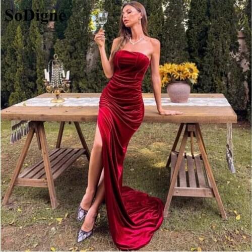 SoDigne Wine Red Mermaid Velvet Prom Dresses Sexy High Waist Side Slit Evening Dress Elegant Female Party Wear Gown