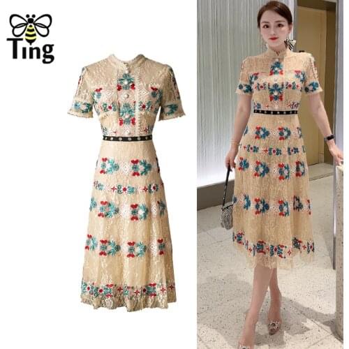 Tingfly Women Vintage Elegant Flower Embroidery Lace Midi Dress Women A Line Summer Office Style Work Dress Frocks for Lady Za