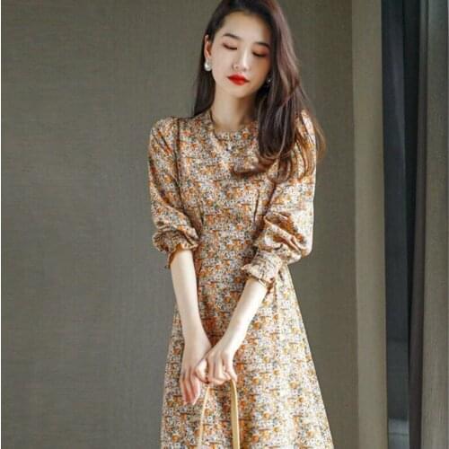 2021 Spring Summer Woman Vintage Floral Print Maxi Dress Female Elegant Casual O-neck Shirt A-line Loose Women Vestidos H26