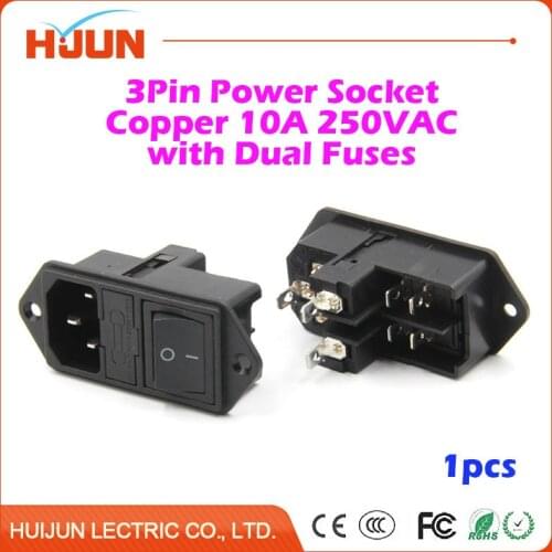 1Pcs High Quality 3 Pin Safe Male Power Socket Dual Fuses Copper Black Switch Inlet Connector Plug 10A 250VAC Computer Apparatus