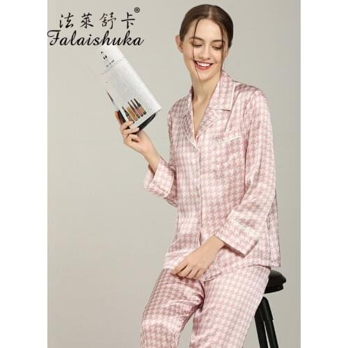 19 Momme 100% genuine silk pajamas sets women sleepwear Korean fashion Houndstooth plaid pure Mulberry Silk women pyjamas T8271