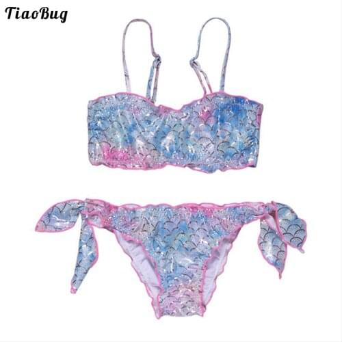 2Pcs Kids Girls Mermaid Fish Scale Print Swimming Suit Adjustable Shoulder Straps Swimming Top Straps Self Tie Side Briefs
