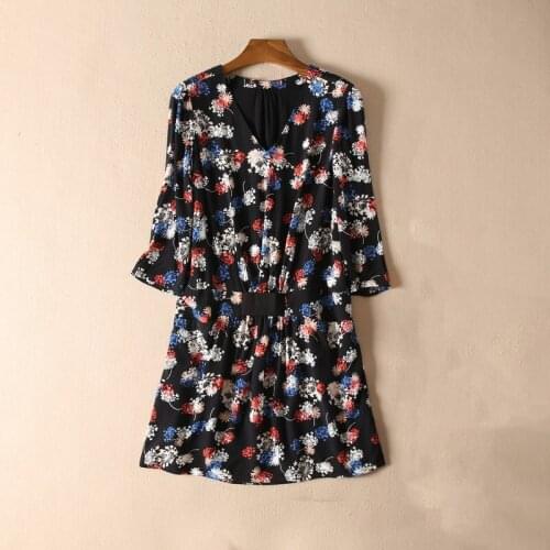 2020 Newest Women Fashion Viscose Flower Print Elbow Sleeve V Neck Mini Casual Dress With Gathered Waist And Lining