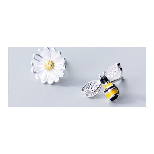 Asymmetry Earrings Genuine 925 Sterling Silver Jewelry Bee &Flower Stud earrings Charms Insect