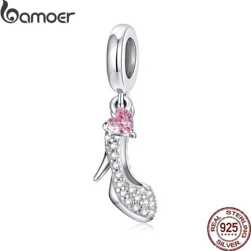 Bamoer Shiny Glass Slipper 925 Sterling Silver Heels Pink Heart Zircon Pendant Charm fit Original Bracelet Jewelry BSC411