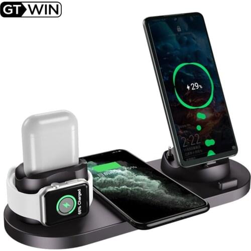 GTWIN 6-in-1 Wireless Charger Stand 10W Fast Charging For iPhone 12 Apple Watch 6 5 Airpods Pro For Apple Android Type-c Series