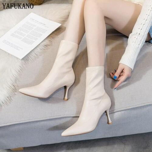 High Heels Stretch Stovepipe Boots 2020 New Beige Pointed Toe Stiletto Soft Genuine Leather Women Ankle Boots Fashion Sock Boots