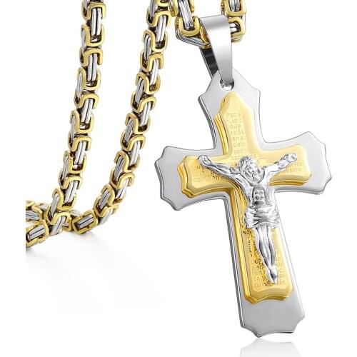 Trendsmax Jesus Cross Pendant Necklace For Men Stainless Steel Byzantine Box Chain Necklace Men Jewelry Gift KPM141