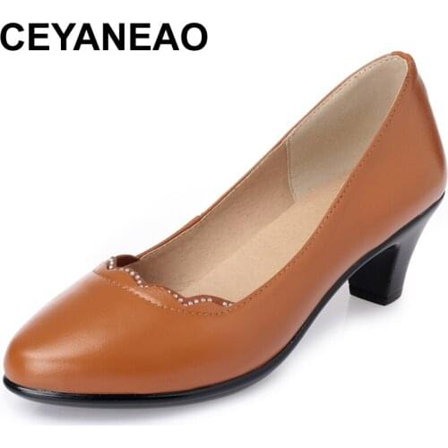 CEYANEAO 2019Spring Autumn Med High Heels Women Pumps Genuine Cow Leather Shallow Ladies office Shoes Dress Shoes Big Size E1481