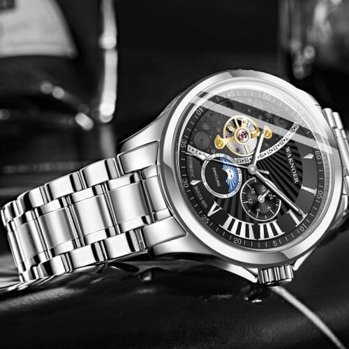 WAKNOER Fashion Mens Watches Luxury Metal Steel Automatic Mechanical Watch Skeleton Big Moon Dial Creative Design Business Watch