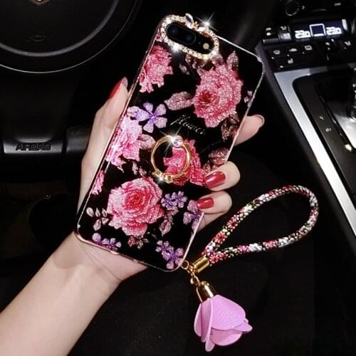 Case For iPhone 11 Pro Max Xr Xs Max 6S 7 8 Plus Cover Luxury Rose Flower 3D Stand Glitter Girly Strap Covers