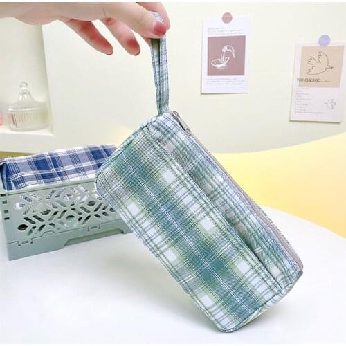 Double Layer Large Capacity Pencil Bag Pen Case INS Lattice Grid Cosmetic Storage Pouch for Stationery Make Up Travel School
