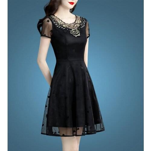 Summer Christmas Dresses Women Vintage Elegant Embroidery Mesh Party Dress Short Sleeve Casual Print Plus Size S~4XL 8660