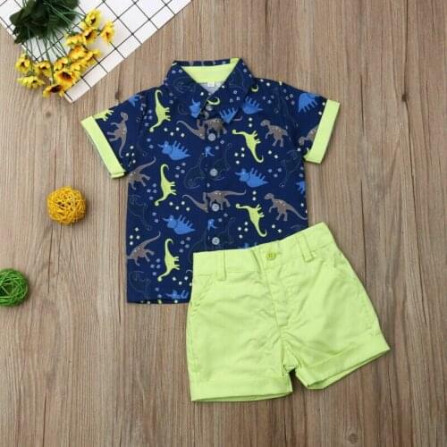 Summer Toddler Baby Boy Clothes Cartoon Dinosaur Print Shirt Tops Short Pants 2Pcs Outfits Gentleman Clothes Summer