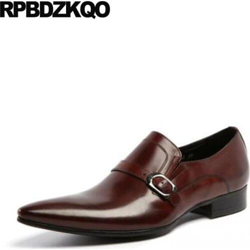 Runway Burgundy Brand Men Dress Shoes With Buckled Pointed Toe Formal Genuine Leather Black Monk Strap Handmade Wedding Office