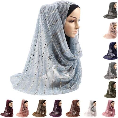 Fashion Glitter Long Shawl Scarf Wedding Women Viscose Sequins Crinkled Lurex Headband Islamic Muslim Hijabs Ultralight