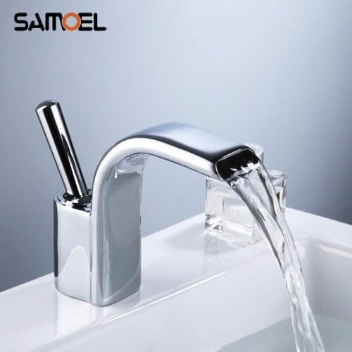 Fashion Deck Mount Brass Waterfall Basin Faucet Mixers Chrome Single Handle Bathroom Sink Cold Hot Water Tap 1217C