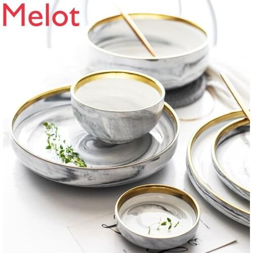 Marble Gold Rimmed Ceramic Tableware Set Rice Bowl High-End Home Soup Plate Dinner Plate Ramen Bowl Ceramic Bowl