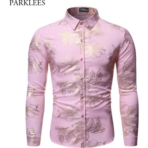 Gold Floral Print Party Shirt Men 2019 Autumn New Slim Fit Long Sleev Mens Dress Shirts Casual Button Down Chemise Homme Pink