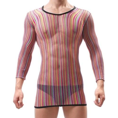 Sexy Hot Male Boat Neck Lingerie Top Shirt Bodystocking Man Cross Dress Sexy Fetish Hot Shirt Passionate Rainbow Costume Sleeve