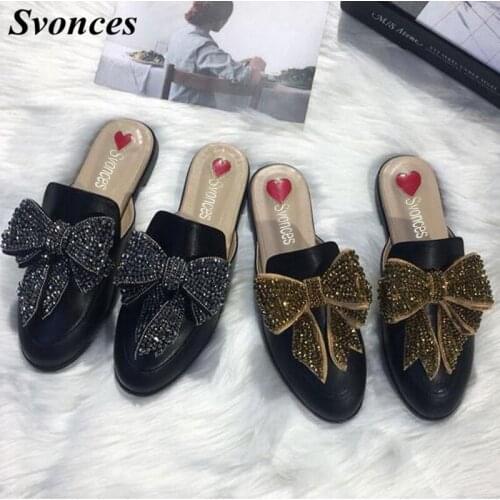 Bling Bling Women Mules Real Black Leather Crystal Slippers Women Casual Flats Loafers Handmade Bowtie Butterfly Knot Slides