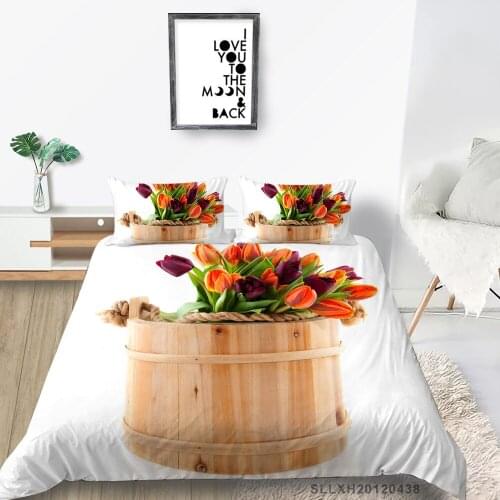 Wooden Basin Bed Set Tulips Simple Beautiful Quilt Cover White King Queen Twin Full Double Single Flowers Bed Set For Kids