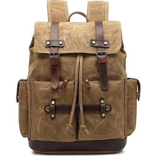 M395 New Arrive Waterproof Oil Wax Canvas with Cow Leather Backpack Travel School Bagpack Men Laptop Rucksack for Teenager Women