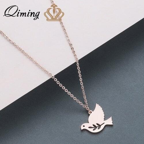 QIMING Olive Branch Dove Bird Necklace Women Stainless Steel Peace Jewelry Stainless Steel Gold Animal Necklaces Girls Gift