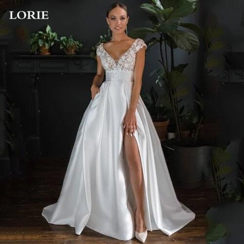 LORIE Satin Princess Wedding Dress A Line V Neck Cap Sleeve 3D Lace Wedding Bride Dresses Sexy Side Split Wedding Ball Gown