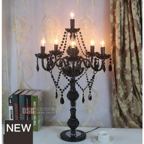 Wedding Led Black Crystal Table Lamp Glass Candlestick Luminaria De Mesa Black Led Candle Holders Living Room Bedside Guide Lamp