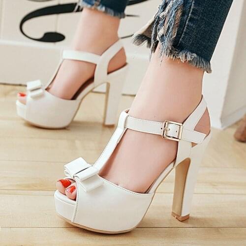 Fashion T strap platform heels sandals womens bow peep toe pumps women super high heels summer party dress shoes Female