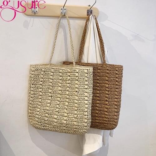 Gusure Women Summer Beach Handbag Rattan Woven Handmade Knitted Straw Large Capacity Totes Female Travel Shoulder Bag Bohemia