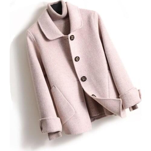 2021 New Women Wool Jacket Autumn Winter Double-Faced Cashmere Single-Breasted Lattice 100% Woolen Coats Female Jaqueta Feminina