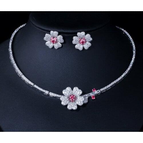 Crystal Red Rose Flower Women Choker Necklace and Earrings Bridal Jewelry Set for Wedding Dress Accessories