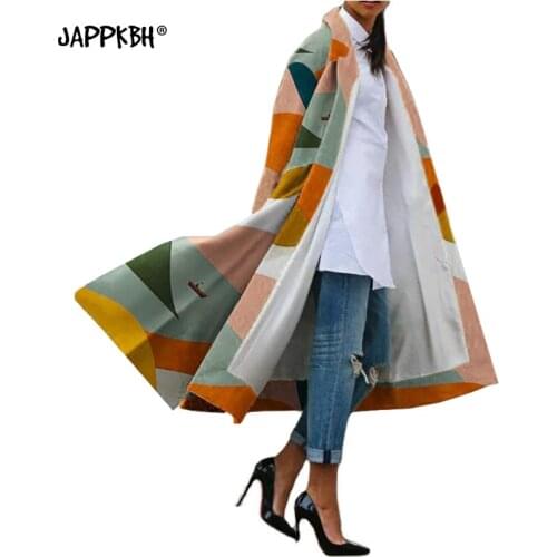 Female Trench Coat X-Long Spring 2021 Womens Windbreaker Casual Vintage Plus Size Turn Down Collar Split Geometry Print Jacket