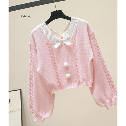 Korean Style White Knitted Sweater Women Sweet V Neck with Bow Vintage Pullover Femme Long Sleeve Knitwear Crop Top Pink Jumper