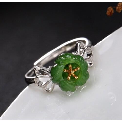 2018 Fashion Silver S925 Pure Silver Natural Mosaic And Jade Jade Flower Lady High-end Open Ring Ring Wholesale