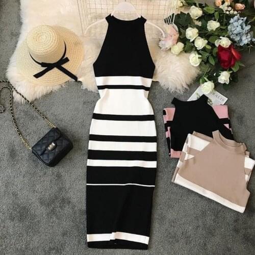 2021 Sexy Halter Slim Summer Patchwork Knitted Pencil Bodycon Dresses Women Casual Party Sundress Knee-length Tank Dress Y202