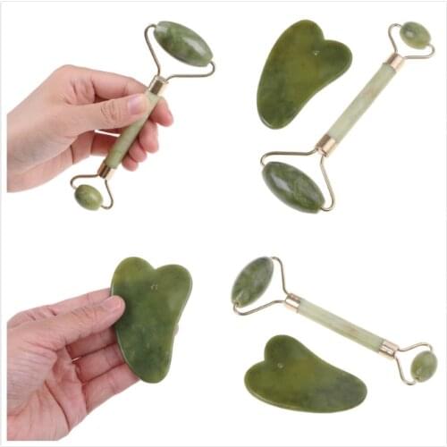 2PCS/set Relaxation Gua Sha Facial Roller Massager Face Care Chinese Medicine Natural Jade Board Scraping Tool